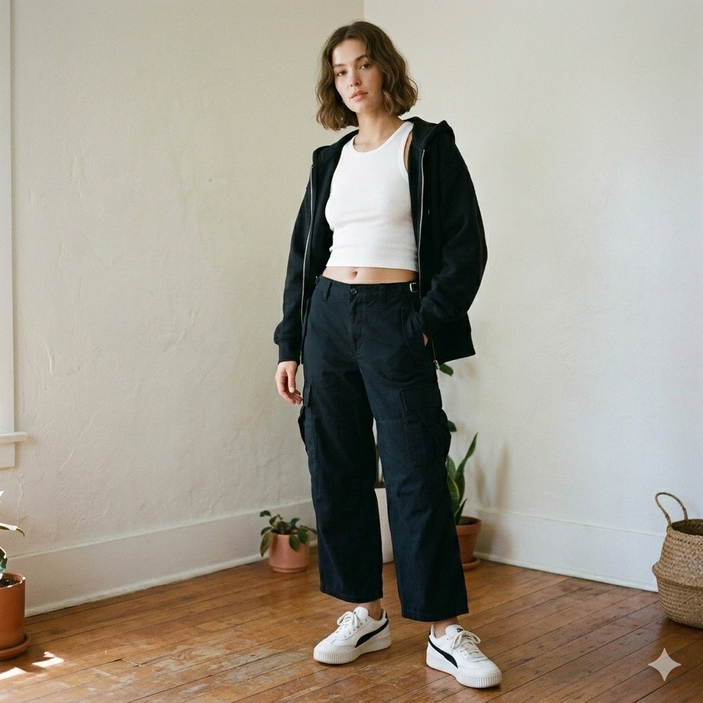 Aritzia TNA Surplus Cargo Pants Womens 2 Black Adjustable Waist Wide Leg Utility